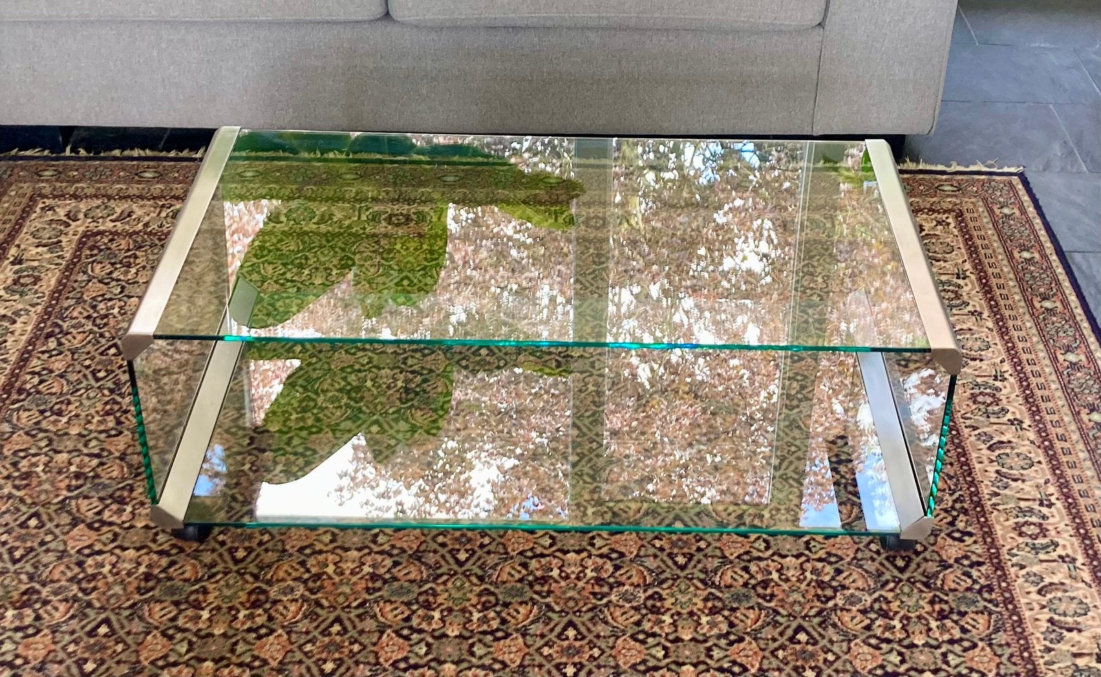 Galotti & Radice crystalhelder glas geborsteld rvs, Huis en Inrichting, Gebruikt, 100 tot 150 cm, Ophalen of Verzenden, Glas