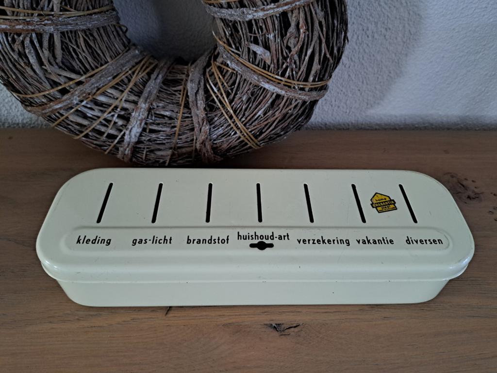 Vintage geel crème emaille spaarpot / huishoudpot Brabantia, Ophalen of Verzenden, Gebruikt, Metaal of Blik, Overige thema's