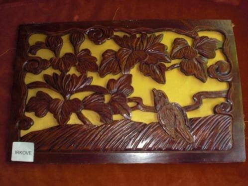 HOUTEN PANEELTJE MET BLOEMEN EN VOGEL * Mahoniekleur *, Verzenden, Handgemaakt, 20 - 50 cm, Hout