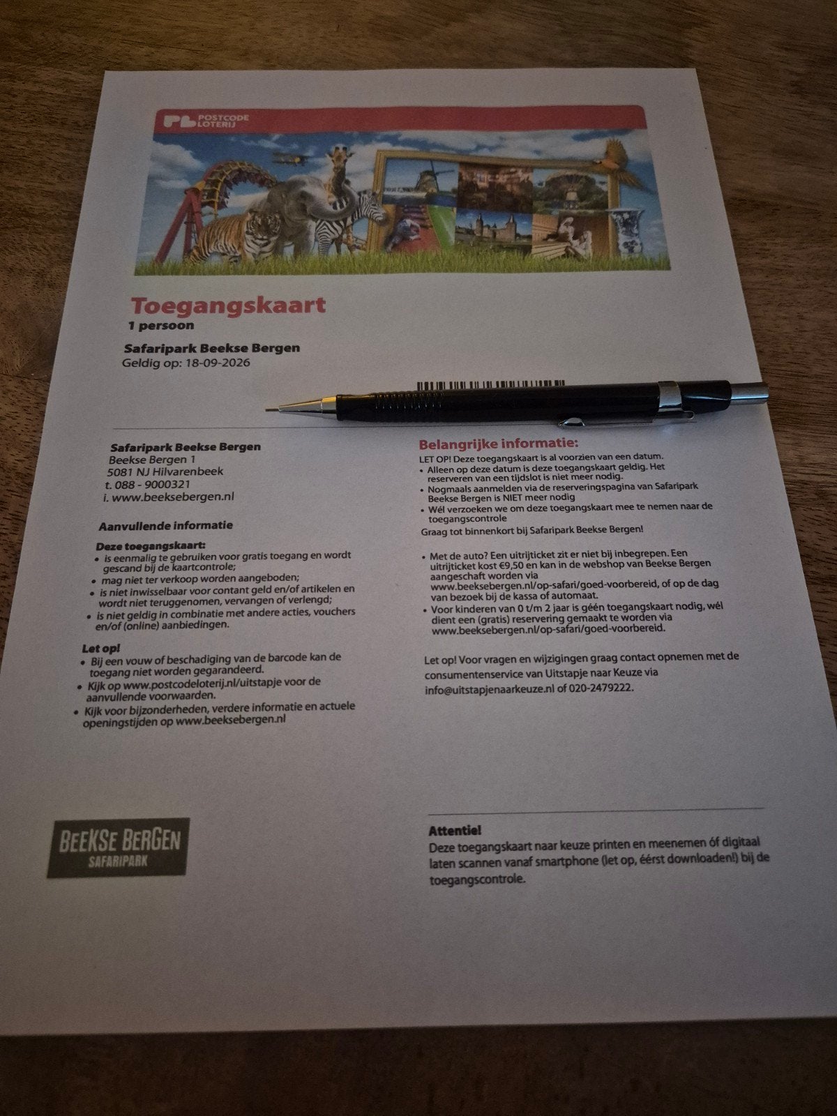 1x entreekaartje Safaripark Beekse Bergen 18-09-2026, Eén persoon, Ticket of Toegangskaart