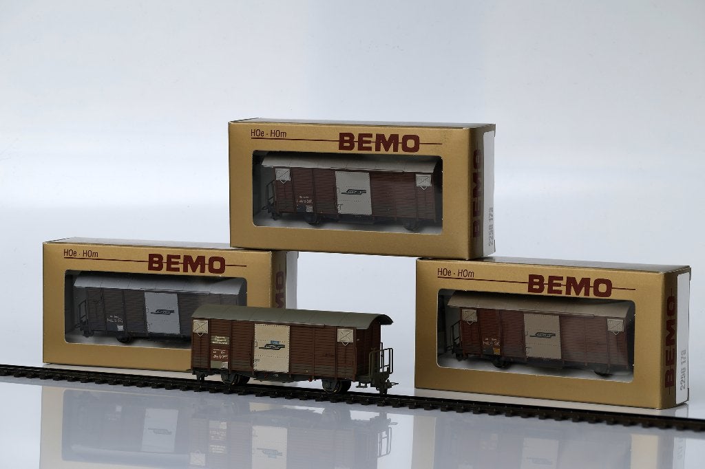 Bemo 4-delige Rh.B. Goederenwagenset (geweathered) (H0m), Overige merken, Gelijkstroom, Ophalen of Verzenden, Analoog