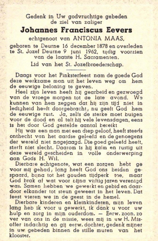 Eevers Johannes Franciscus 1878-1962 Deurne, Ophalen of Verzenden