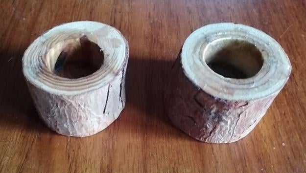 Houten boomstam theelichthouders uniek, Huis en Inrichting, Woonaccessoires | Kandelaars en Kaarsen, Gebruikt, Kandelaar, Minder dan 25 cm