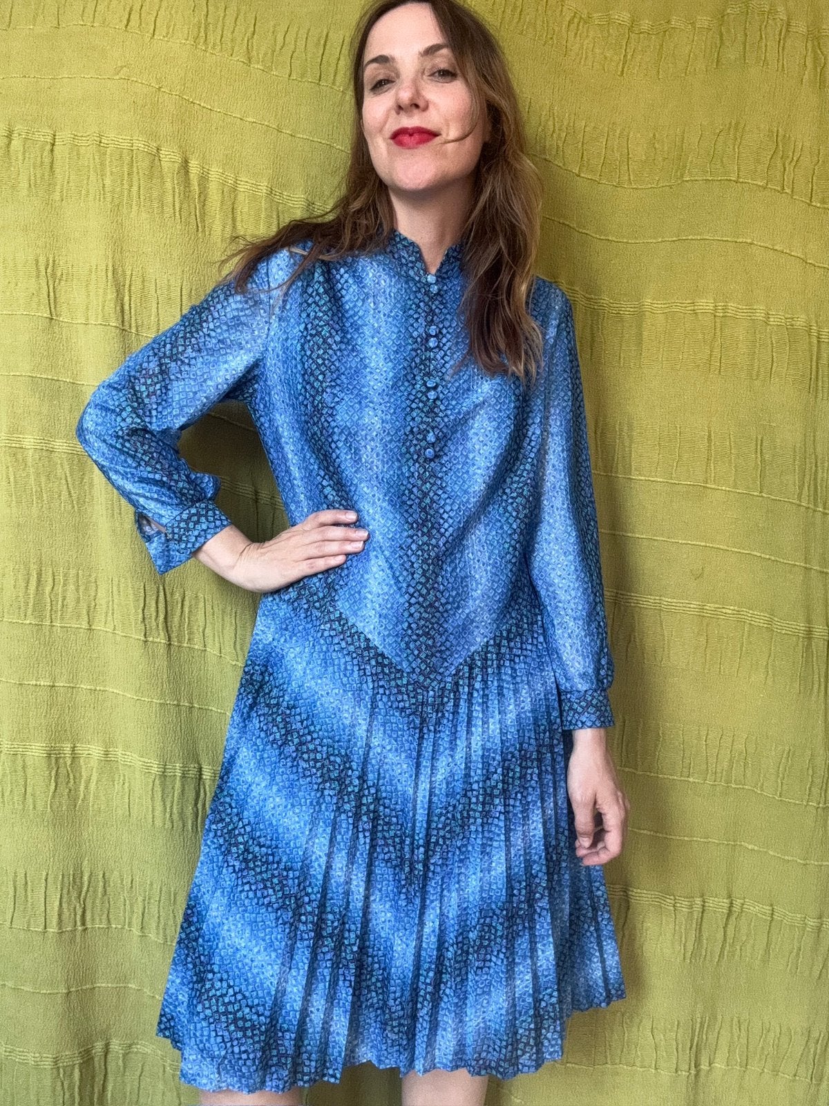 Vintage jurk - blauw - print - jaren 80 - 42 / XL, Kleding | Dames, Jurken, Hgv, Blauw, Hgv, Maat 42/44 (L)
