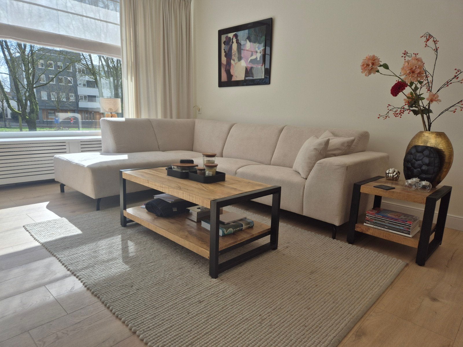 Salontafel en bijzettafel set van mangohout en metaal, Overige houtsoorten, 100 tot 150 cm, Zo goed als nieuw, Minder dan 50 cm