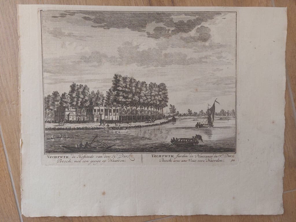 92 / Gezicht op Vechtwijk Weesp naar Naarden te zien Gravure, Antiek en Kunst, Stadsgezicht, Ophalen of Verzenden, Gravure, 20 cm