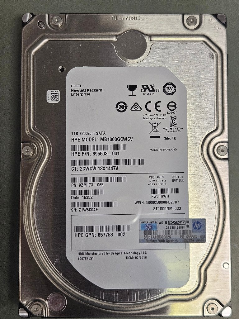 HPE 1TB HDD MB1000GCWCV, Computers en Software, Harde schijven, Ophalen, Intern, Gebruikt, HP Enterprise