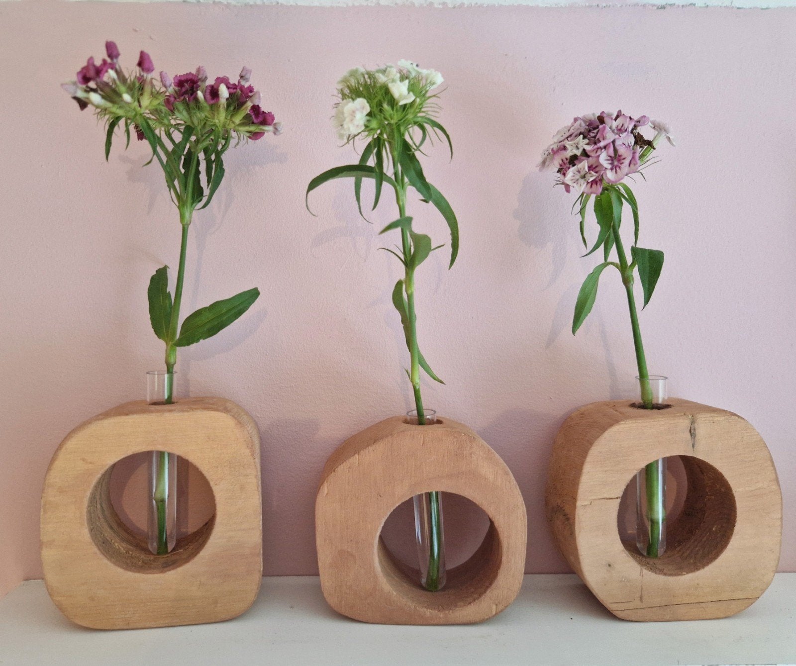 Set van 3 houten vaasjes met reageerbuisjes, Ophalen, Nieuw