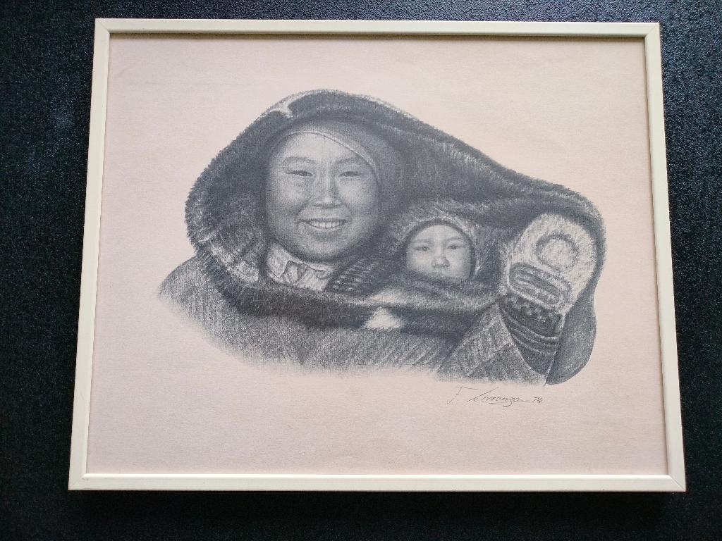 Litho Lorenzo Fracchetti Eskimo Inuit Moeder met kind 1974, Antiek en Kunst, Ophalen of Verzenden