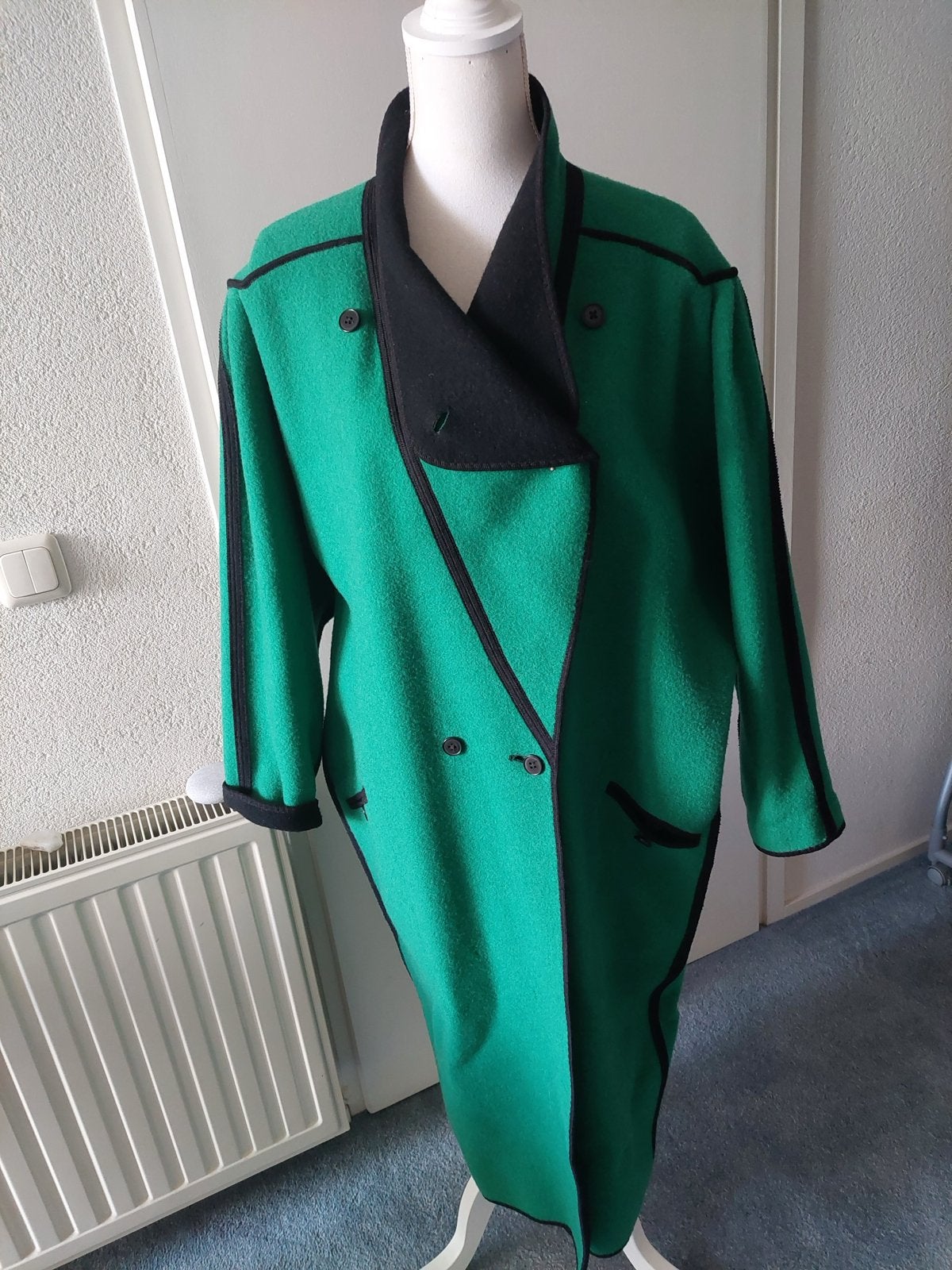 Vintage wollen jas - Groen/Zwart - Maat L, Ophalen of Verzenden, Zo goed als nieuw, Maat 42/44 (L), Groen