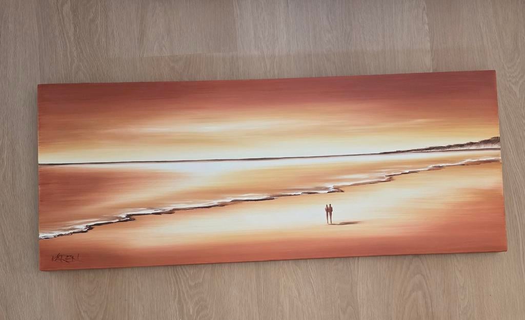 Schilderij zonsondergang strand, Antiek en Kunst, Ophalen