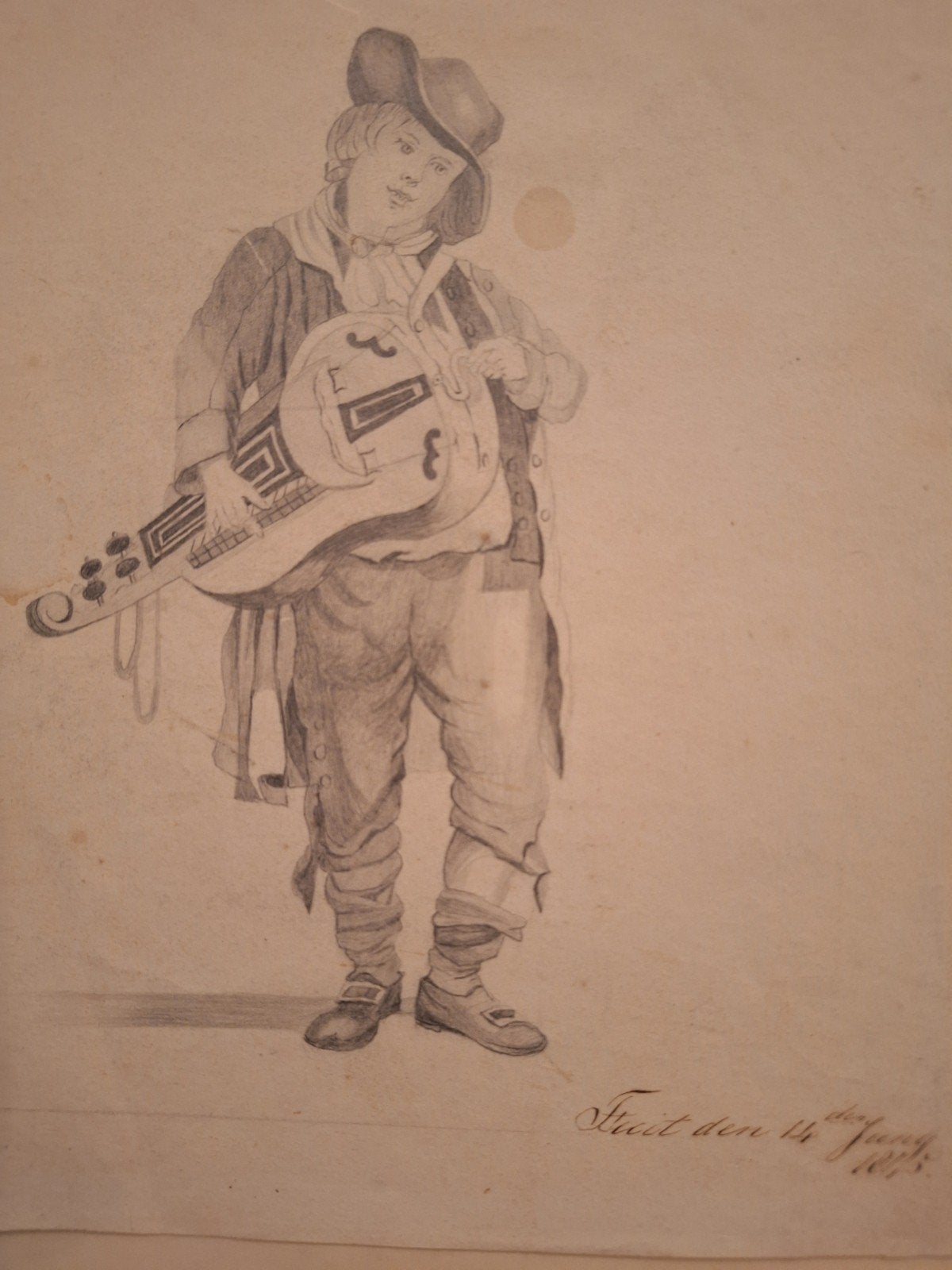 Antieke tekening muzikant met draailier, gedateerd 1875, Ophalen of Verzenden