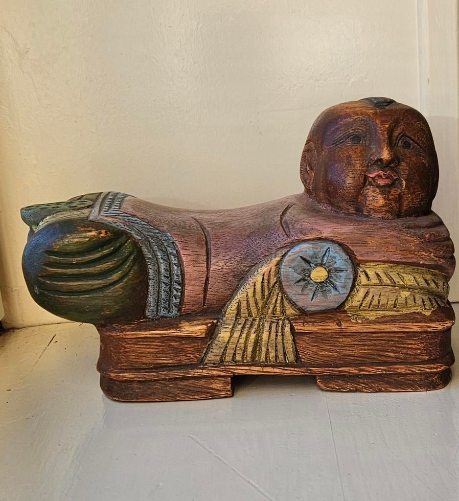 Vintage Houten Lachende Monnik Boeddha Beeld - Jaren 70/80, Ophalen of Verzenden