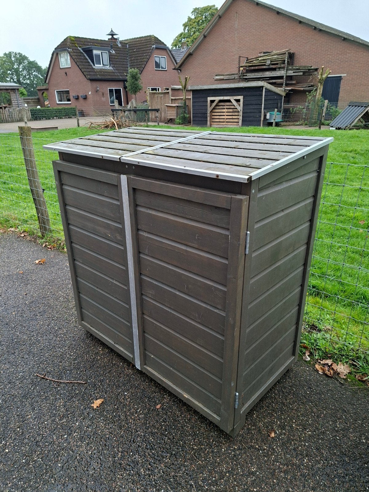 Houten containerberging voor 2 containers, nog 1 stuks!, Ophalen, Gebruikt, Hout, Containerberging