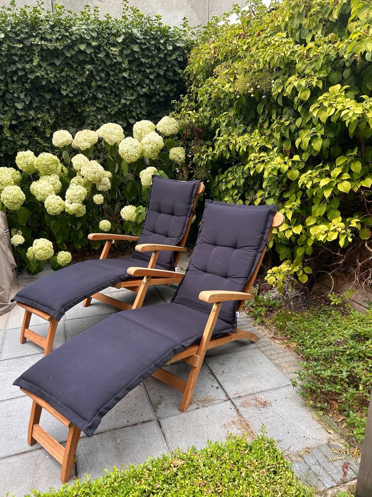2x Populair Teak Deckchair/Ligstoel + kussens, Tuin en Terras, Ophalen, Zo goed als nieuw, Teakhout, Verstelbaar