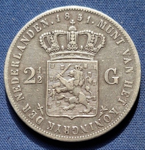 Nederland 2½ gulden 1851 Km 82, Koning Willem III, Zilver, Ophalen of Verzenden, Losse munt
