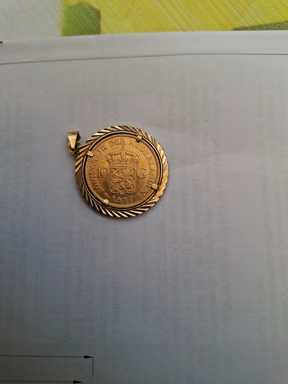 Gouden munt hanger 10 Gulden Wilhelmina 1917, Gebruikt, 19 tot 20, Ophalen of Verzenden, Dame of Heer