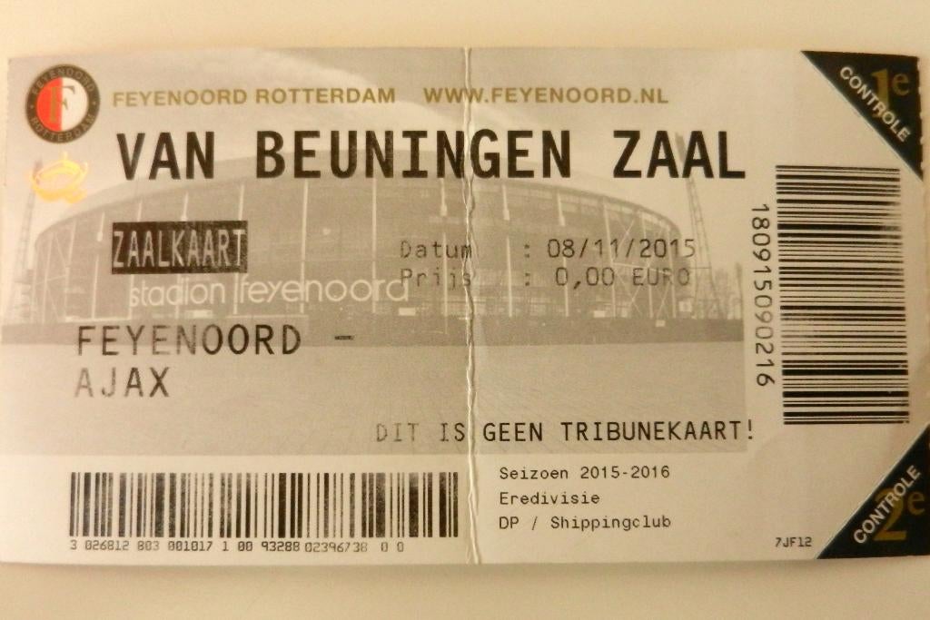 Feyenoord - Ajax 2015 kaart, Tickets en Kaartjes, Losse kaart, Eén persoon, November