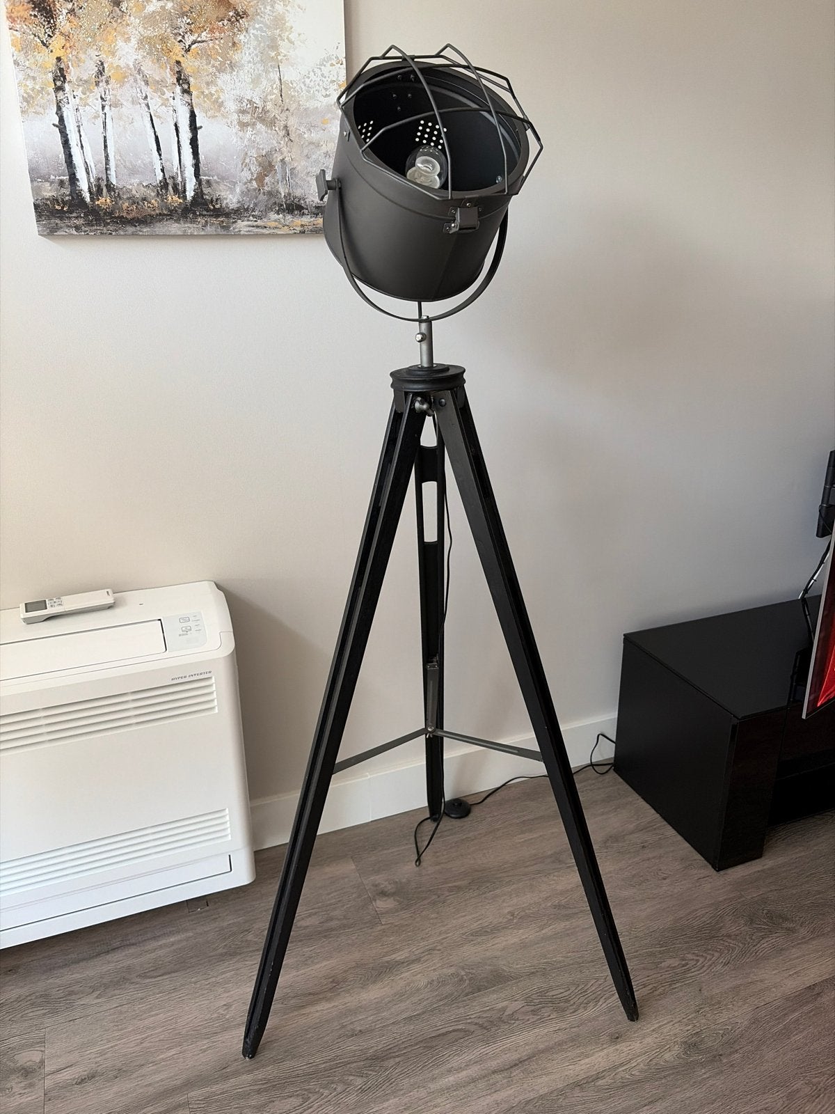 Industriële Vloerlamp met Statief - Zwart hout, Ophalen, E27 (groot), Zo goed als nieuw, Metaal