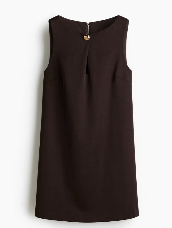 NEW- Dark brown a line dress in M/ viscose- polyster- linnen, Ophalen of Verzenden, Nieuw, Bruin, Onder de knie