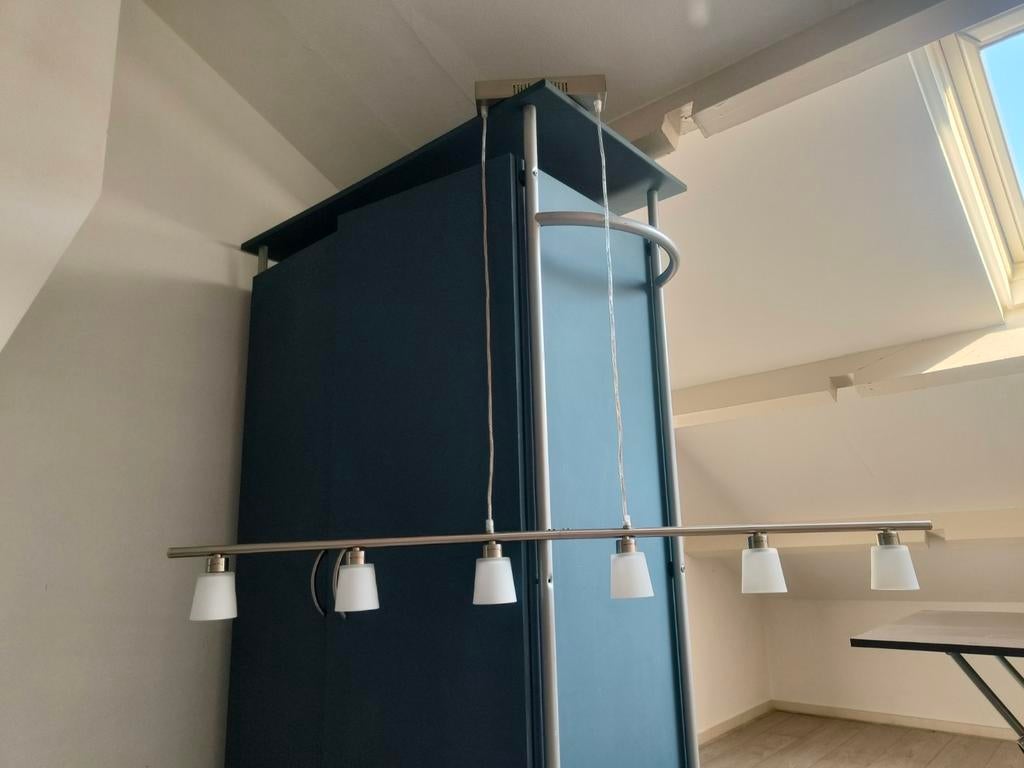 Moderne hanglamp met 6 spots - RVS en matglas, Ophalen, Gebruikt, Glas, Modern