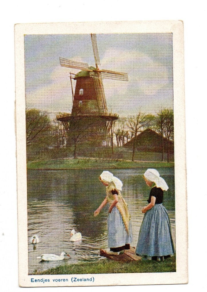 Oude ansichtkaart: Eendjes voeren - Molen. (Zeeland) 1953, Ophalen of Verzenden, 1940 tot 1960, Gelopen, Zeeland