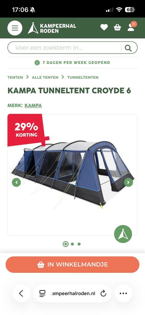 Kampa tunneltent Croyde 6, Ophalen, Gebruikt, Tot en met 6