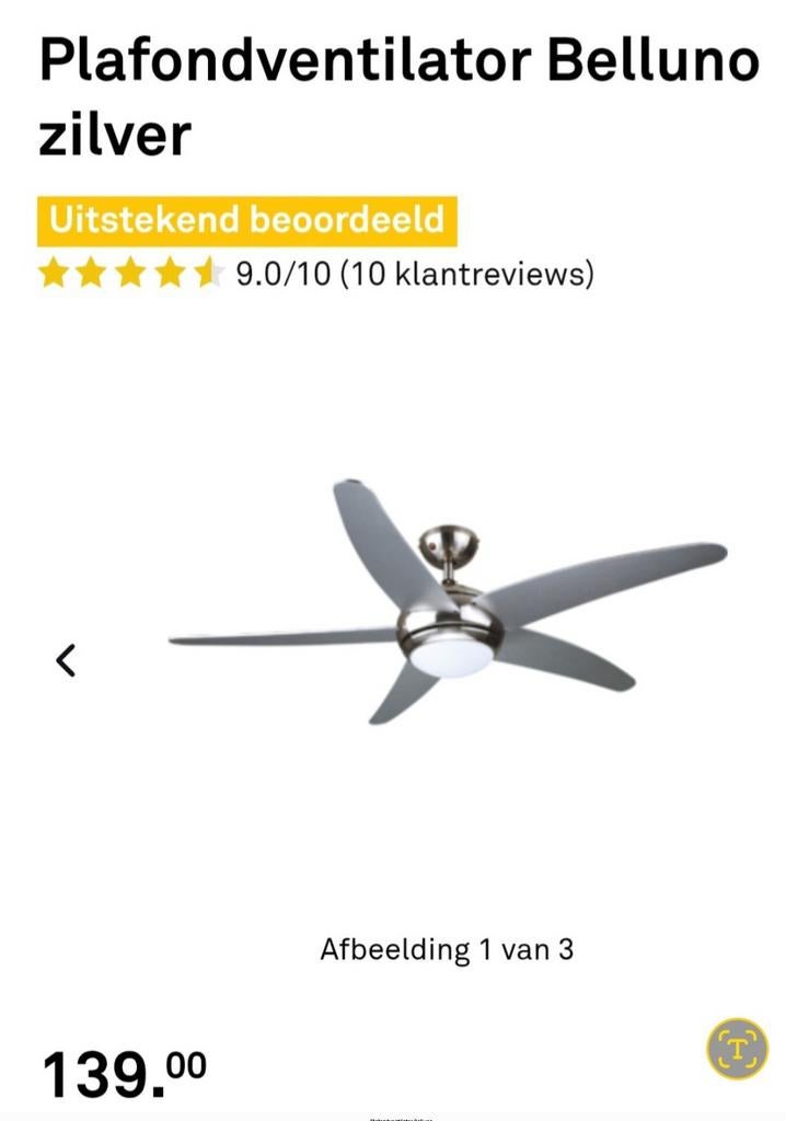 Plafondventilator Belluno zilver met verlichting, Ophalen