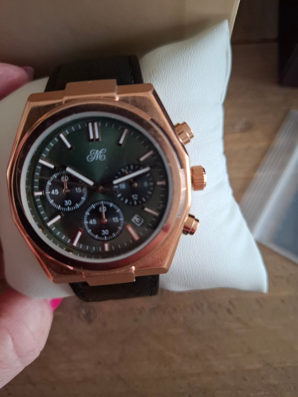 Maxim Morre horloge roségoud met groen wijzerplaat, Sieraden, Tassen en Uiterlijk, Overige materialen, Leer, Polshorloge, Nieuw