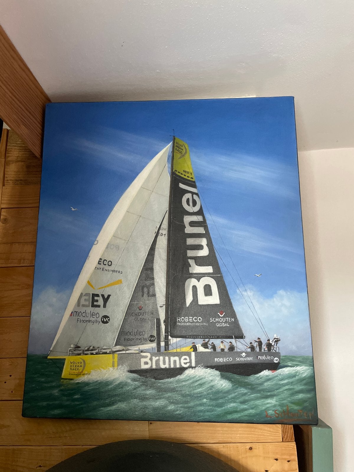 Schilderij Volvo Ocean Race Jacht Brunel, Voertuigen, Handgeschilderd, Ophalen of Verzenden, Olieverf