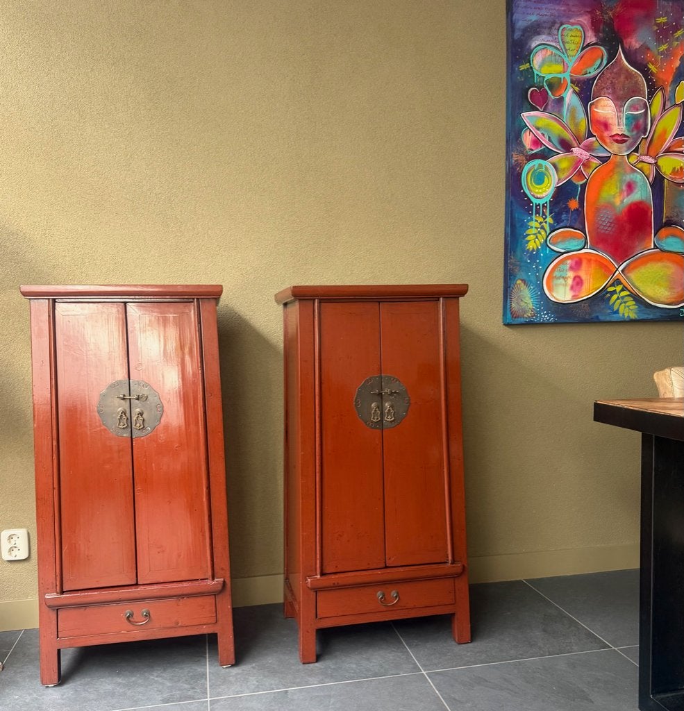 Chinees kast met 1 la chinese ladekast rood bruin bruidskast, Verburgt Vintage, Gebruikt, 1 of 2 laden, 100 tot 150 cm