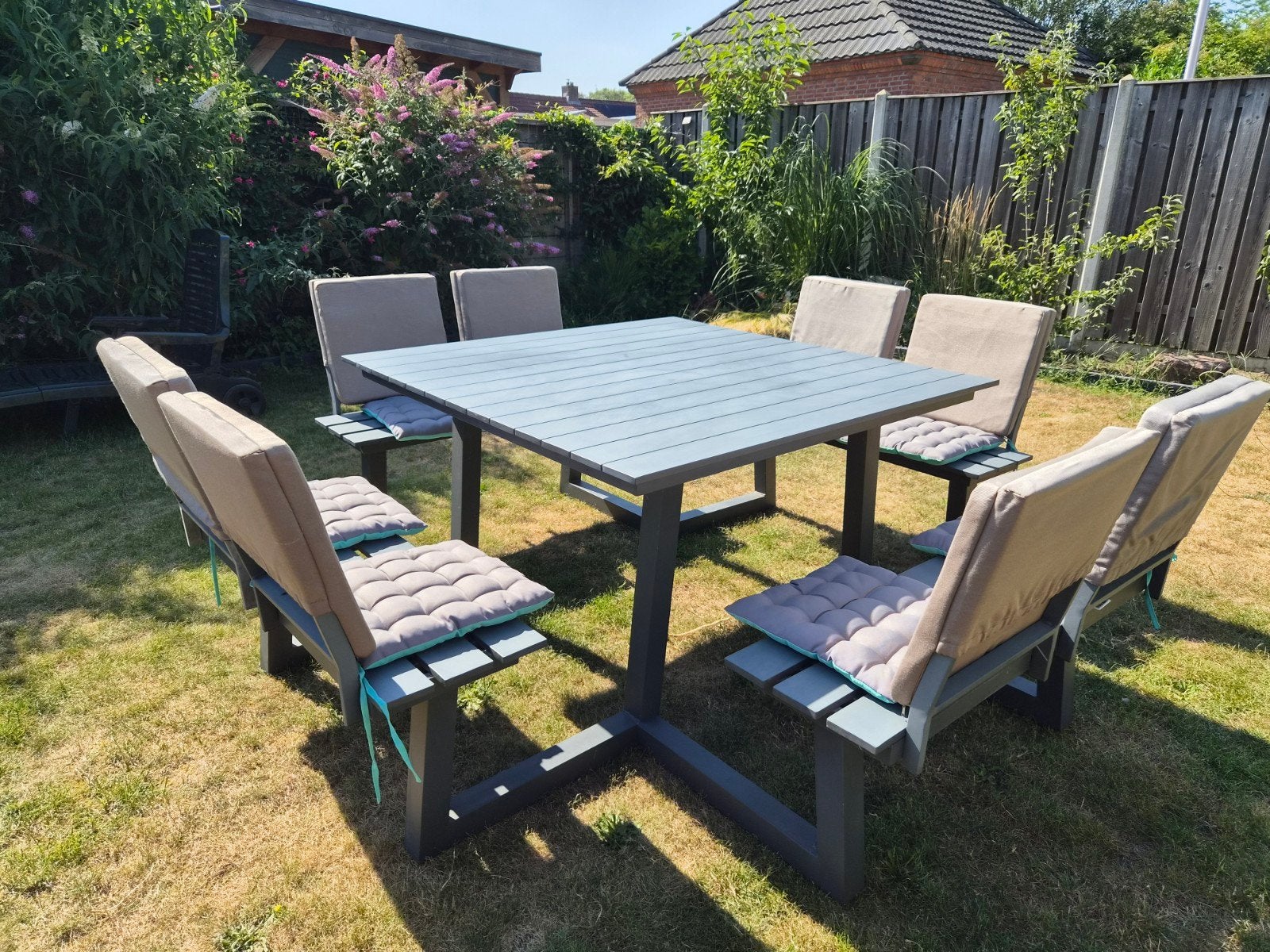 Aluminium picknicktafel 8 personen met kussentjes, Tuin en Terras, Ophalen, Gebruikt, Vierkant, Aluminium