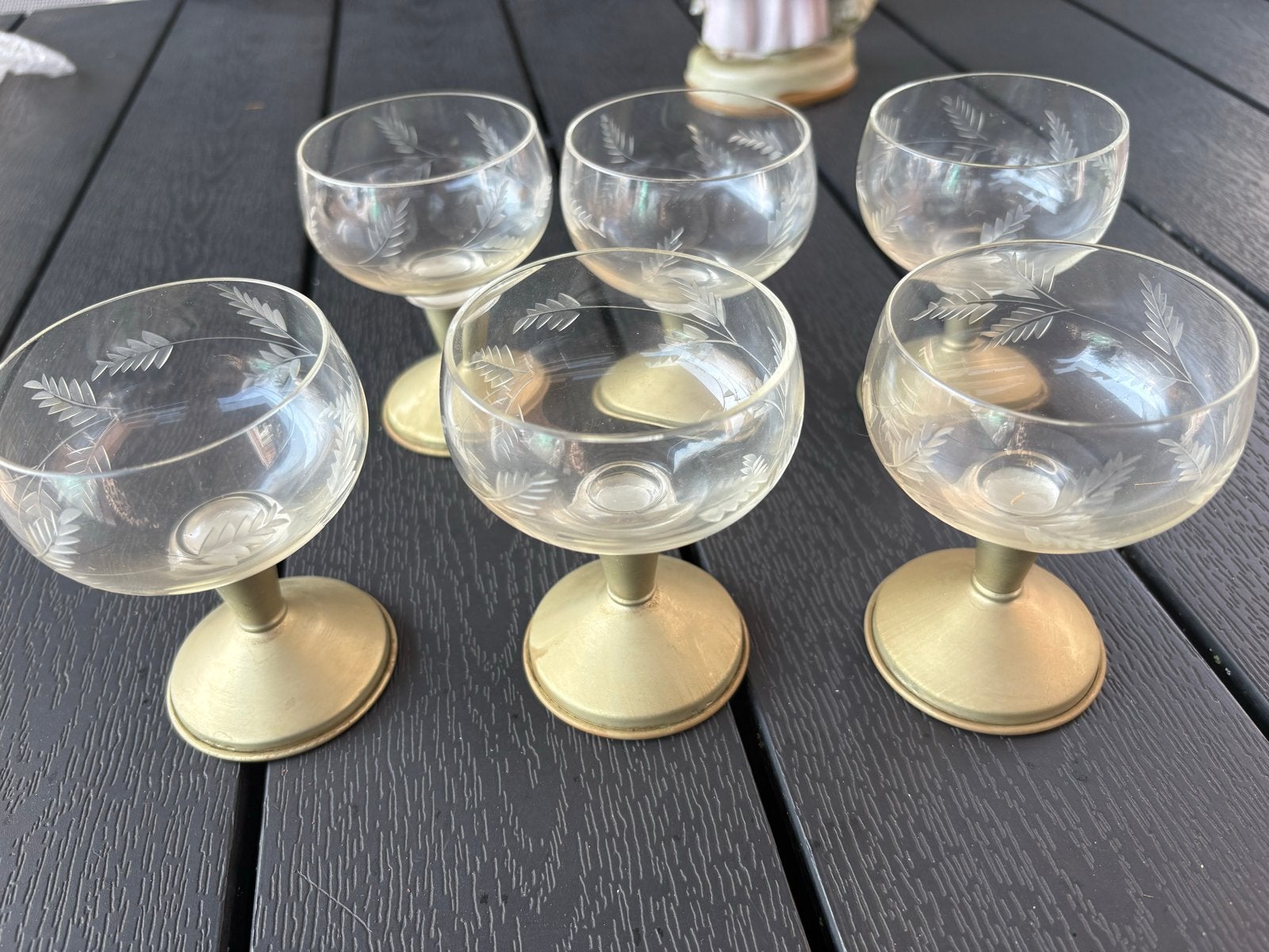 Set van 6 vintage glazen met messing voet, Antiek en Kunst, Antiek | Glas en Kristal, Ophalen of Verzenden