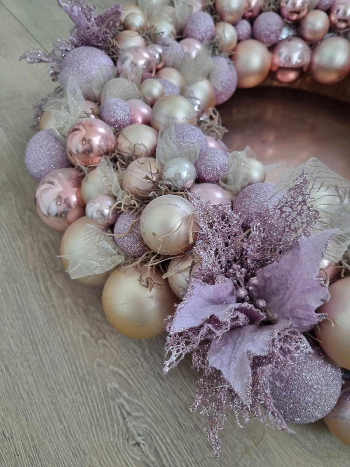 Luxe grote decoratieve kerstballen krans roze rosé goud lila, Ophalen, Gebruikt