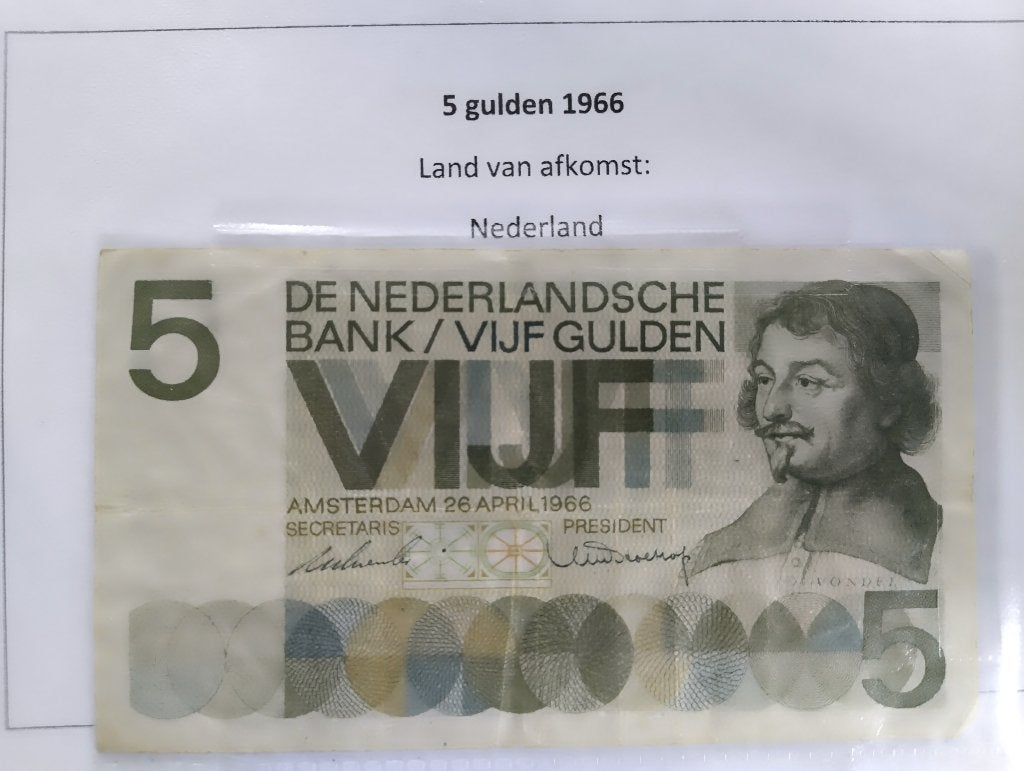 5 gulden Vondel I (1966) + 5 gulden biljet Vondel II (1973), Ophalen of Verzenden, 5 gulden, Los biljet
