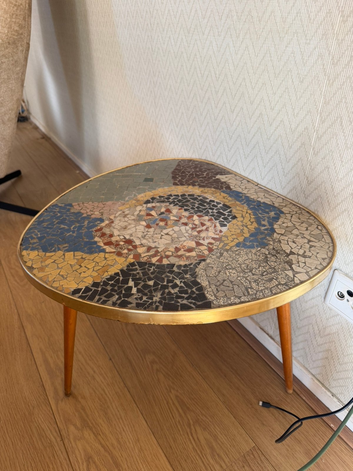 Vintage Mozaïek Bijzettafel met Messing Rand, Ophalen of Verzenden