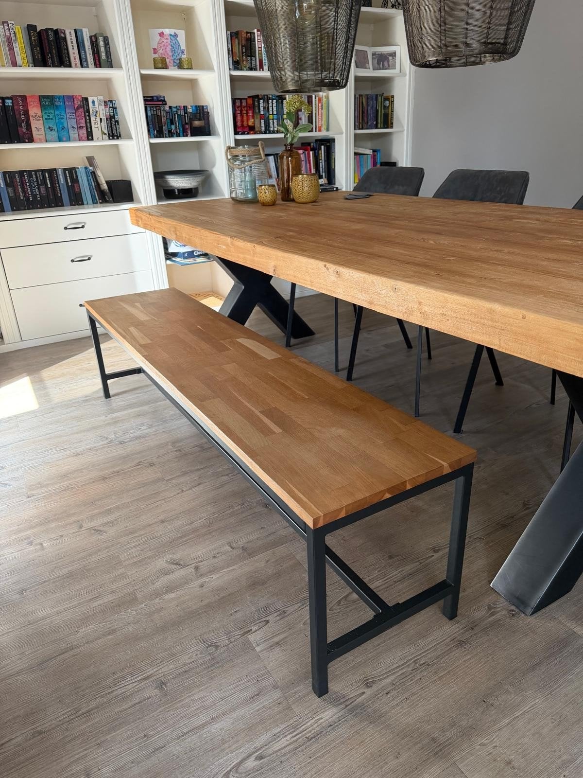 Eettafelbank van hout en metaal, Gebruikt, Bruin, Industrieel, Modern, Ophalen of Verzenden