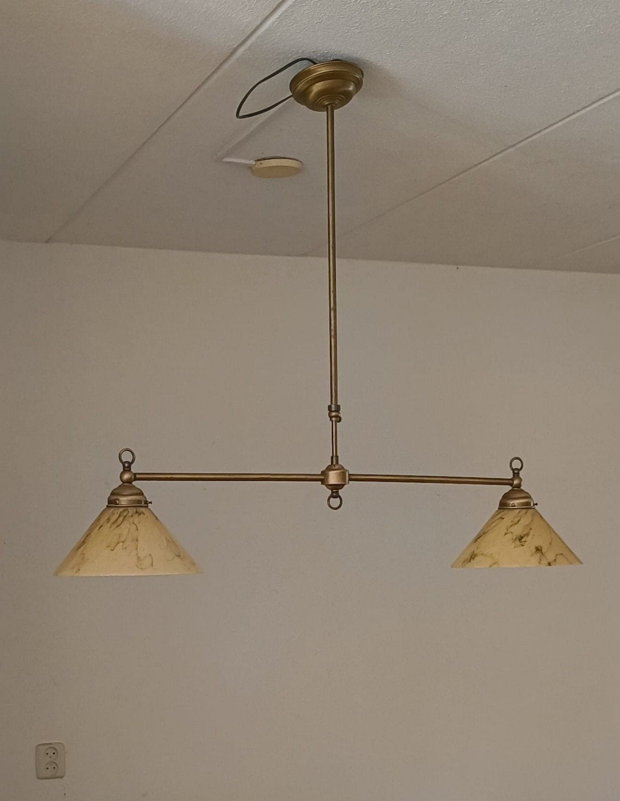 Koperen hanglamp met diverse kapjes, Ophalen, Gebruikt, Glas, E27 (groot)