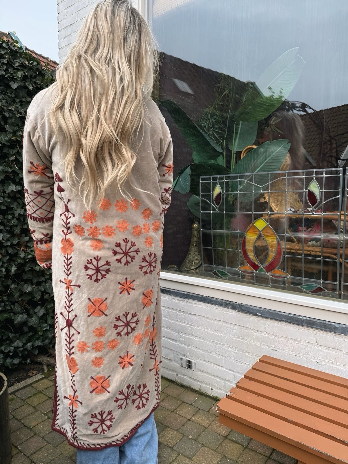 Afghaanse Velvet Geborduurde Jas - Maat L/XL, Ophalen, Gedragen, Maat 46/48 (XL) of groter, Beige