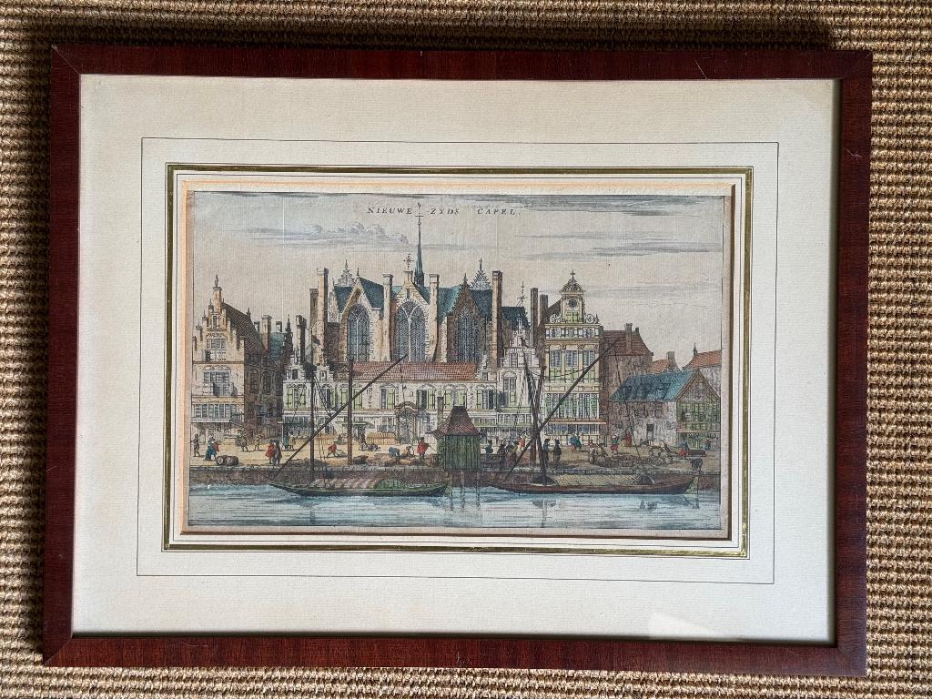 Antieke prent van de Nieuwezijds Kapel in Amsterdam, Ophalen, Ingelijst, Stadsgezicht, 19 cm