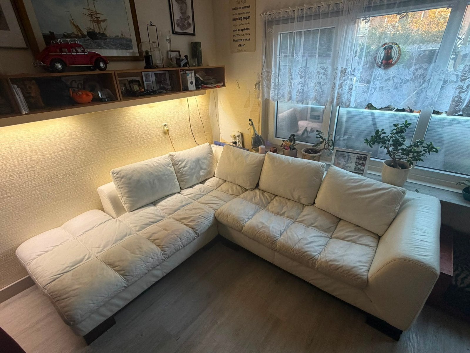 Leren hoekbank met leuning, 225x256x95 cm, Ophalen, Gebruikt, Hoekbank, 200 tot 250 cm