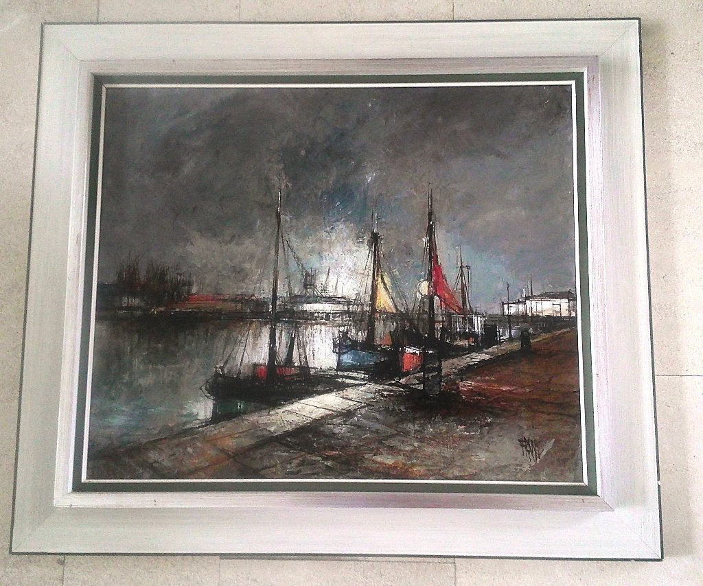 Franse haven bij maanlicht ca.1975 - Francois Franc 1926-'89, Maritiem / water, Doek, Impressionistisch, Ophalen of Verzenden