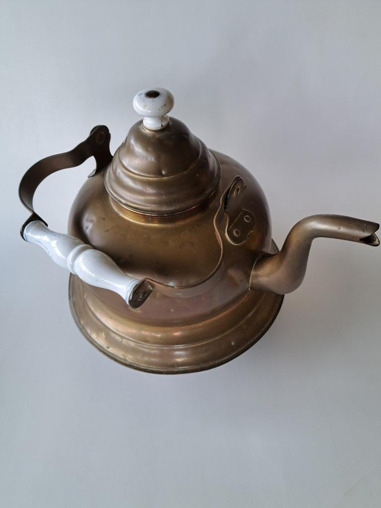 Antieke Koperen Ketel met Wit Porseleinen Handvat, Ophalen of Verzenden, Koper