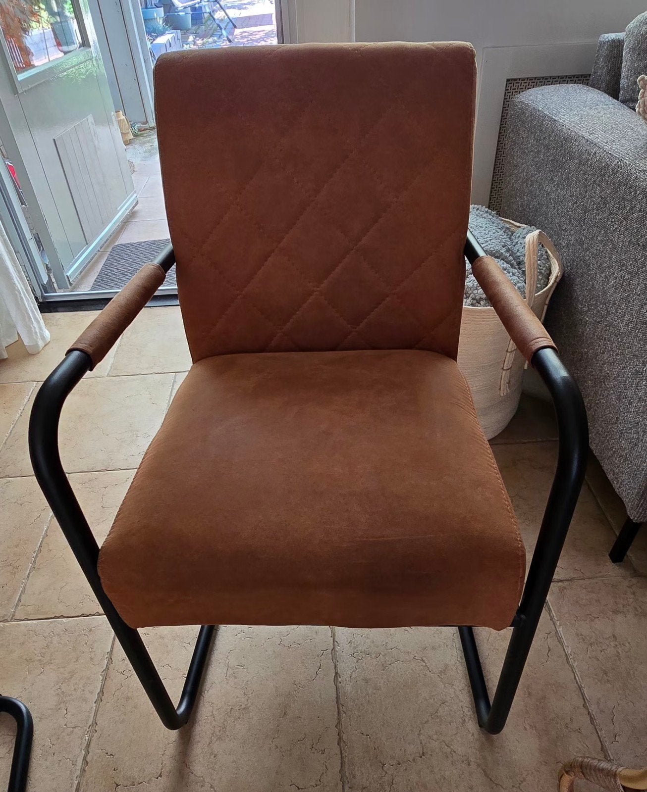 Set van 3 eetkamerstoelen en eetkamerbank in cognac/roest, Huis en Inrichting, Stoelen, Ophalen, Twee, Zo goed als nieuw, Stof