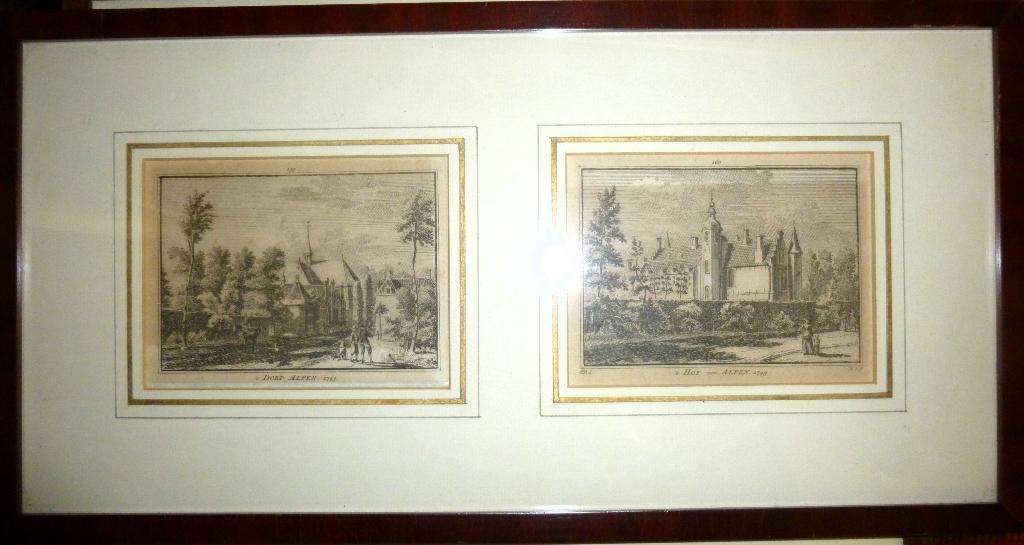 alfen, dorp en hof 2 etsen in 1 lijst 1749, Ophalen of Verzenden, Dubbele gravure