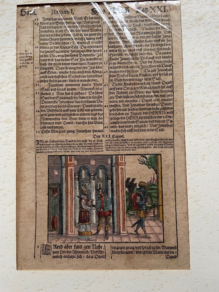 Blad Duitse bijbel: Saul 1 Regum 1 Das I Buch Cap 21 1590?, Ophalen of Verzenden, Sebastian Münster