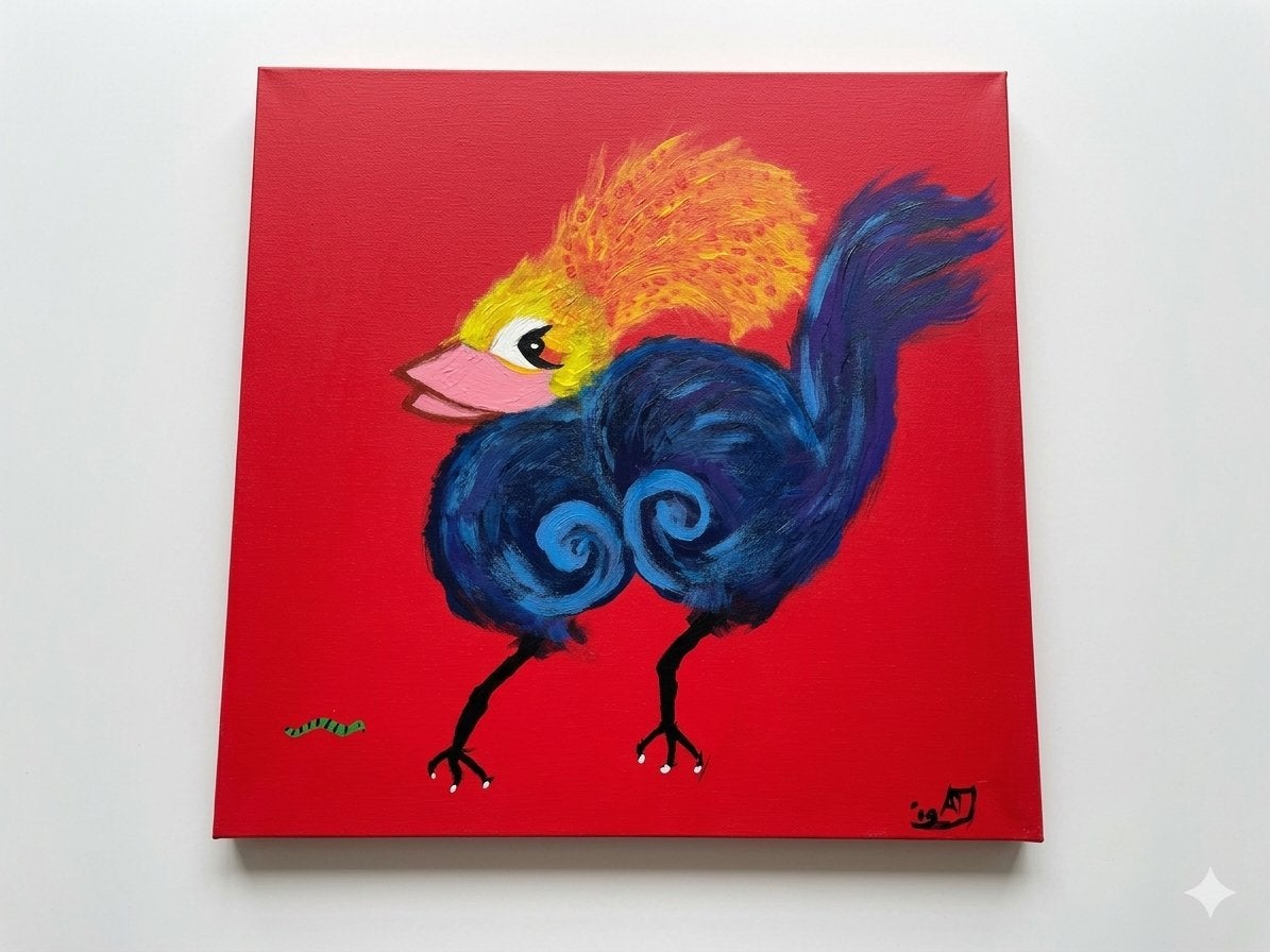 Acrylverf schilderij op doek “Paradijsvogel en worm”, Acrylverf, Dieren, Textiel, Gesigneerd
