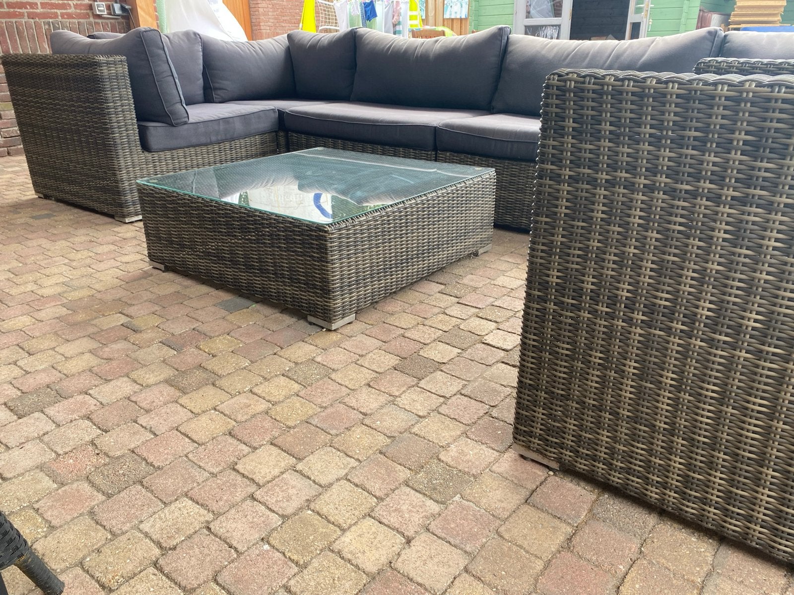 Kunststof rotan tuinset compleet met kussens en tafel, Ophalen, Kunststof, Gebruikt, 8 zitplaatsen