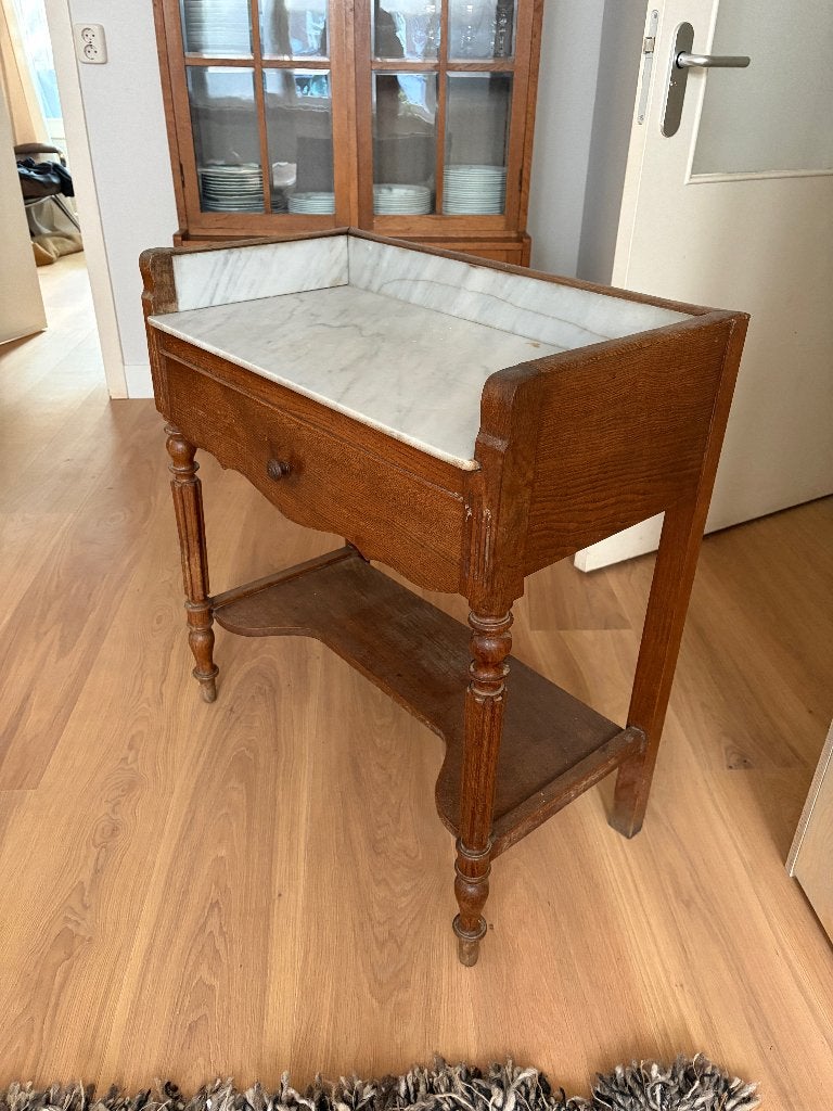 Antieke houten wastafel met marmeren blad en lade, Ophalen