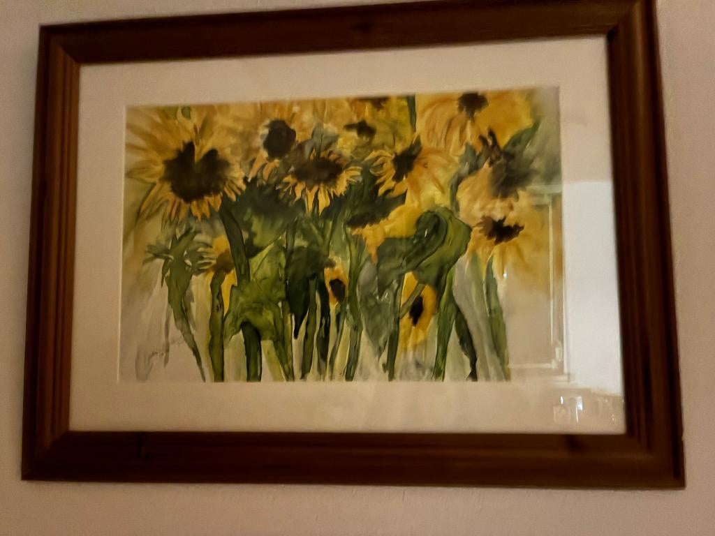 Aquarel schilderij zonnebloemen, Huis en Inrichting, Ophalen, Zo goed als nieuw, Schilderij, 75 tot 100 cm